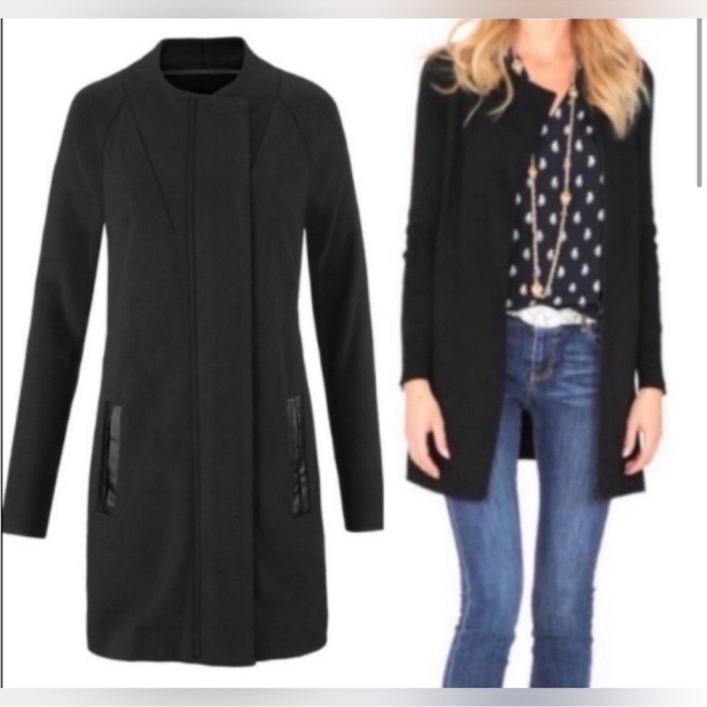 CAbi style #3351 Tailor Coat‎ Faux Leather accents black Knit sweater Jacket